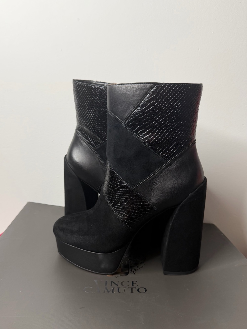 Vince Camuto Black Mixed-Material Platform Ankle Boots